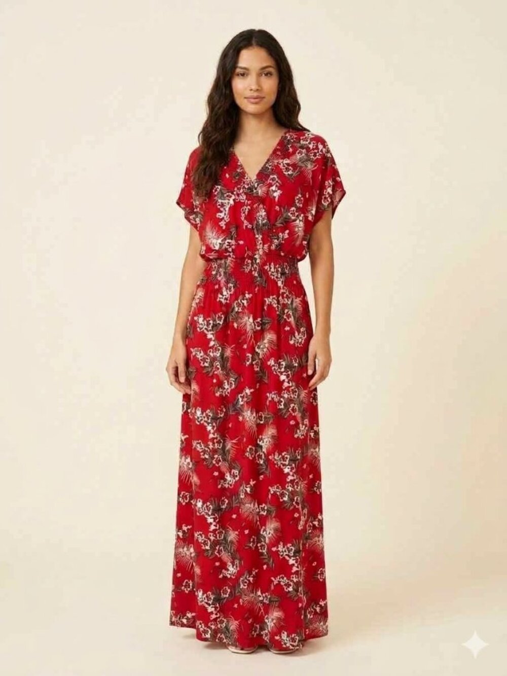 Red Floral Maxi Dress & Crystal Pendant Necklace Set Size M/L